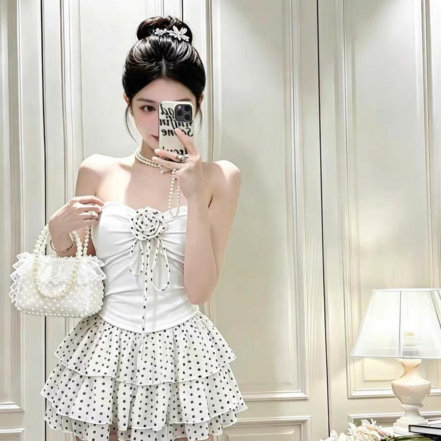 #Summer New Sweet and Spicy Storm Point Splicing Rose Tube Top Women's Fixed with Chest Pad Versatile Top