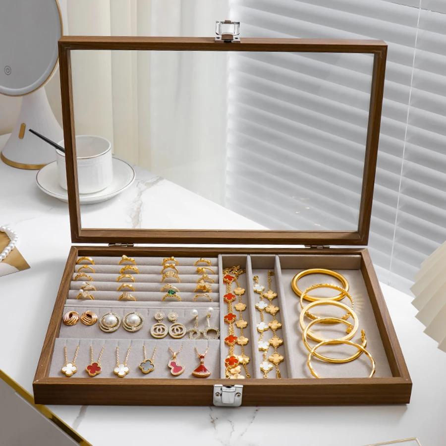 Vintage Wooden Jewelry Organizer Box - Dustproof Display Case For Rings, Necklaces, Earrings & Bracelets - Multipurpose Storage