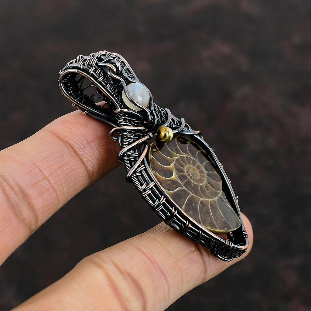 Ammonite Fossil Pendant Copper Wire Wrapped Pendant Rainbow Moonstone Pendant Handmade Copper Jewelry Gift For Her Wrapped Gemstone Pendant
