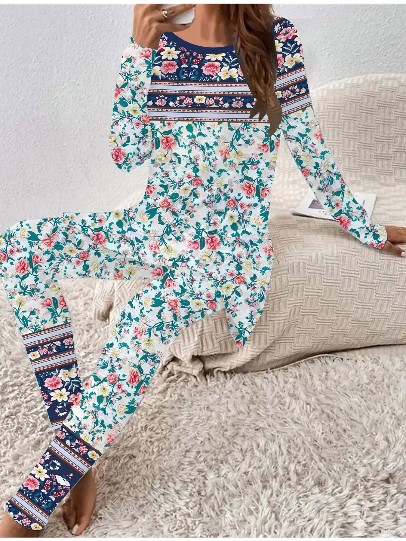 

Евро-американская мода Женский всесезонный комплект из двух предметов: футболка с длинным рукавом с 3D-принтом цветов + длинные брюки. Идеальный подарок на Новый год и Рождество 8XL синий