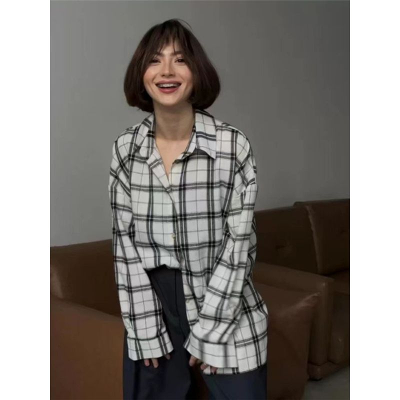 Fashion Retro Plaid Loose Long Sleeve Shirt Shirt Women Oversize Blouse Shirt Women