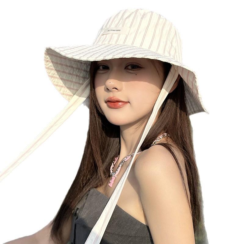 Spring and Summer Korean Blue Striped Strap Fisherman Hat Women's New Outdoor Sun Hat Big Brim Sun Protection Hat