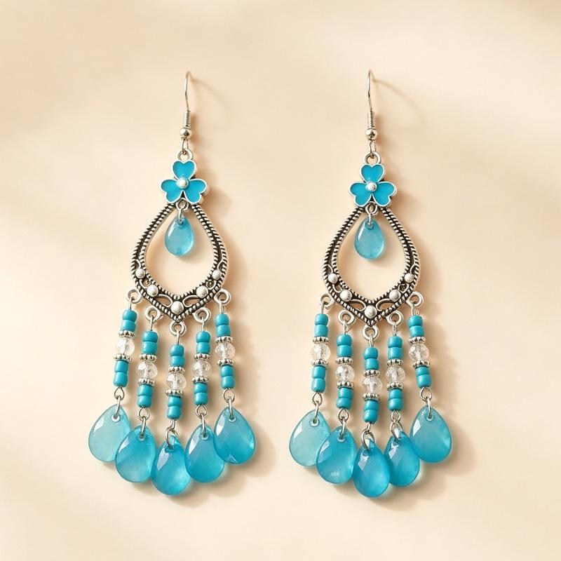 Bohemian Crystal Tassel Earrings - Ethnic Style, Slim Face, Exaggerated Design for Travel