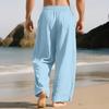 Mens Linen Wide Legs Pants Summer Solid Color Loose Casual Pants Breathable Drawstring Elastic Waist Straight Trousers with Pockets