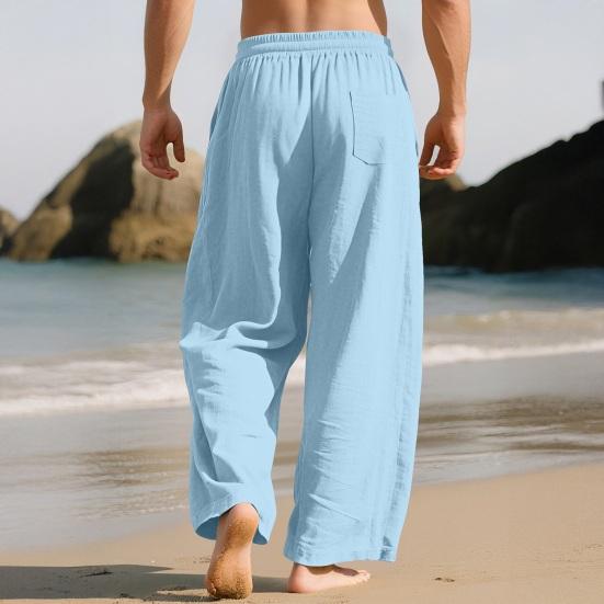 Mens Linen Wide Legs Pants Summer Solid Color Loose Casual Pants Breathable Drawstring Elastic Waist Straight Trousers with Pockets