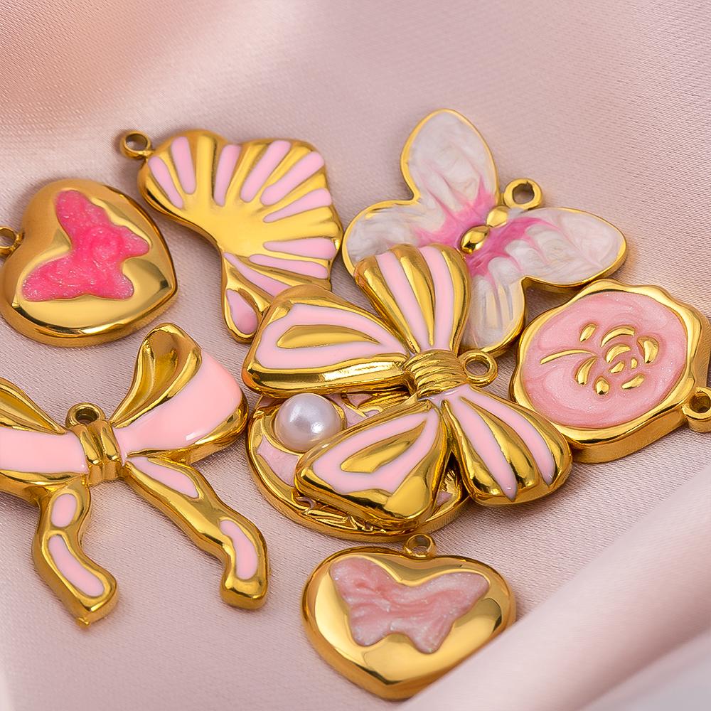 2P Stainless Steel Pendant Series Pink Pendant Multiple Choice Earring Components DIY Necklace Jewelry Accessories