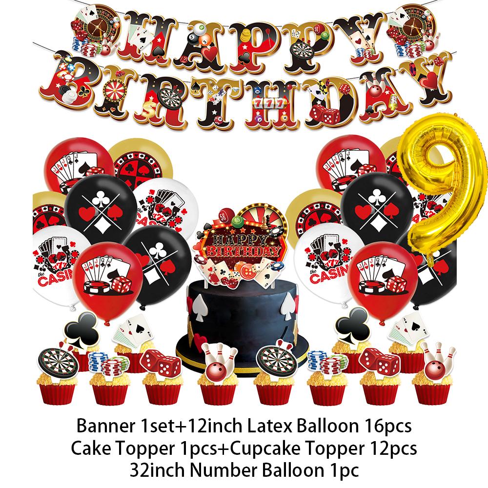 Casino Poker Chips Theme Birthday Party Decorations Playing Cards Money Golden Glitters Red Curtain BalloonS Cake Topper Banner