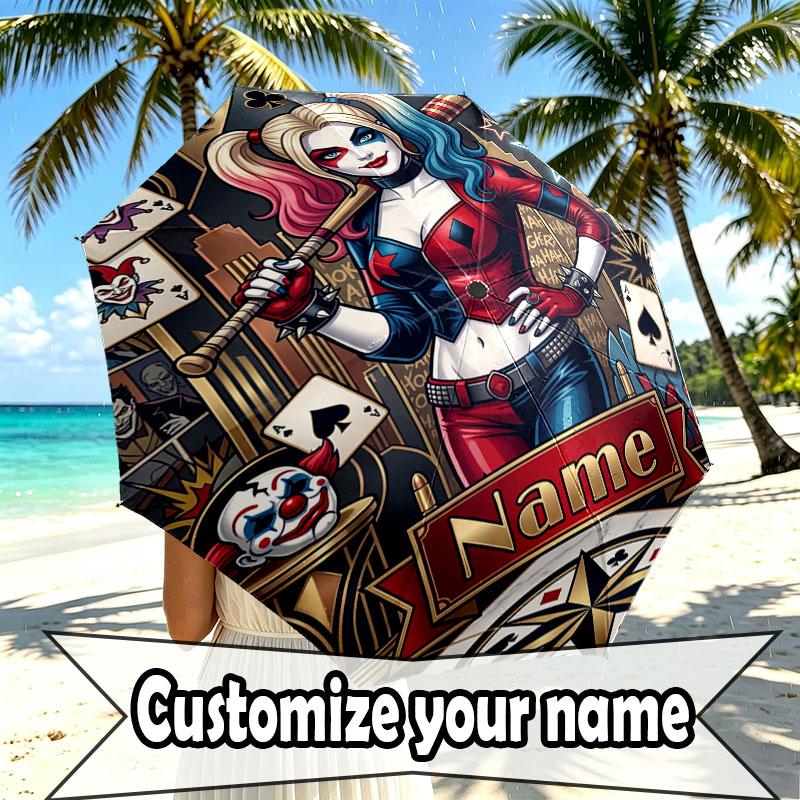 Custom Name Personalized Harley Quinn Print Umbrella, Auto Open Close, 8‑Rib Sturdy Frame, Commute Camping Hiking Use, Birthday Gift