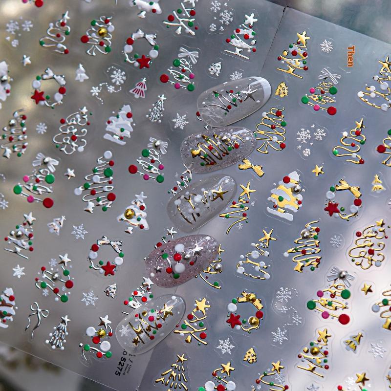 Winter Metal Christmas Tree Decoration Nail Art Stickers Diy Nails Sticker Cute Cartoon Crystal Ball Santa Claus Manicure Decals