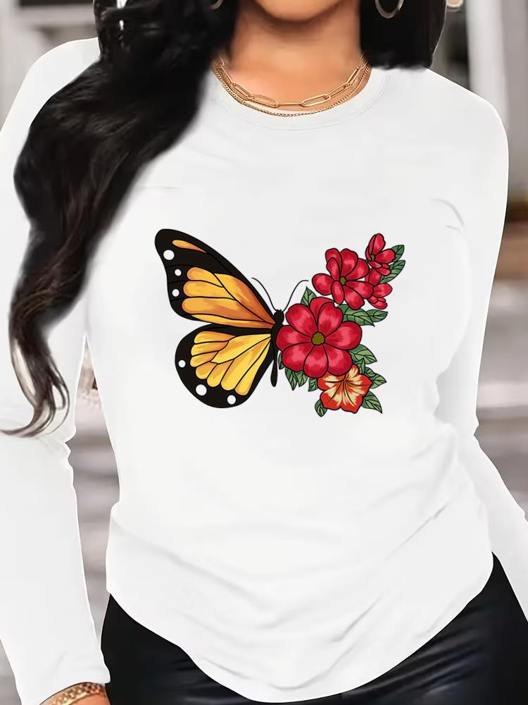 (Asian Size) Tee o-neck Print autumn winter spring Women Clothing butterfly 90s trend Casual Long Sleeve T Shirt Fashion Top Graphic T-shirts