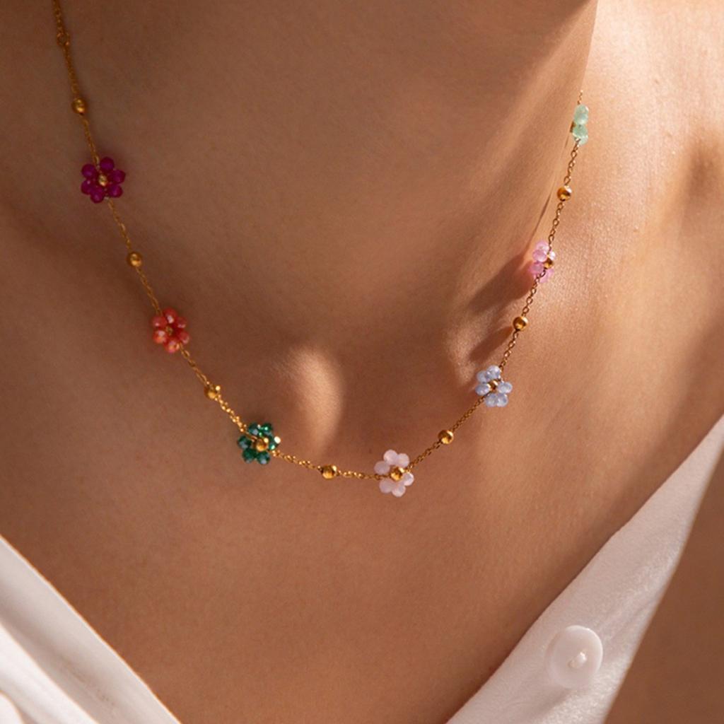 Elegant Crystal Flower Necklace/Bracelet for Women Gold Color Bead Chain Statement Jewelry Fashionable Accessories