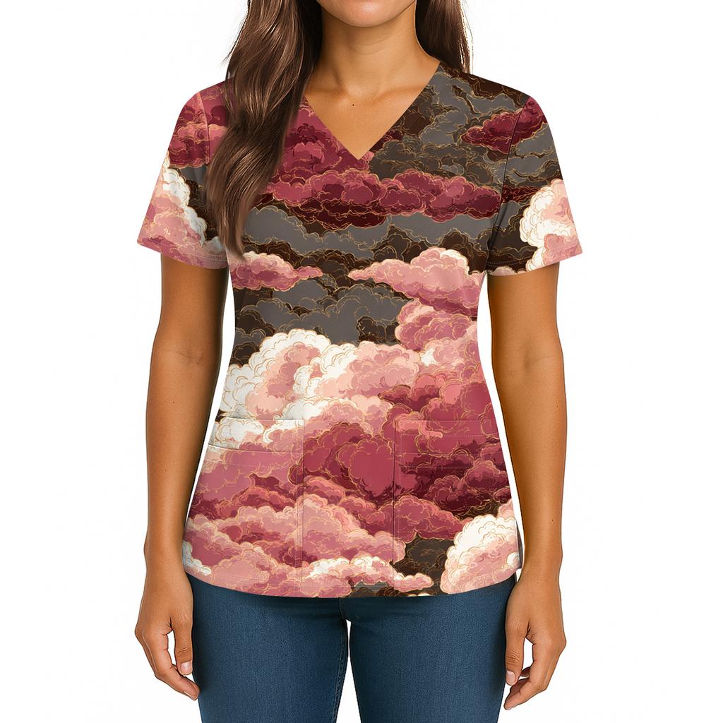 Women's Gradient Print V-Neck Double Pocket Short Sleeves Hem Slit Uniform Caregiver Top