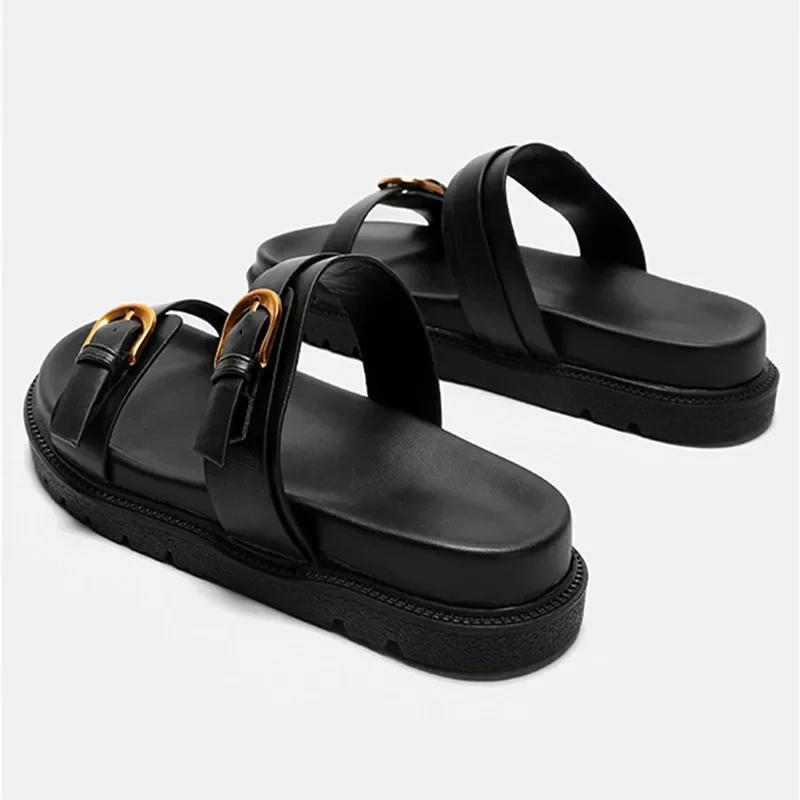 Luxury Brand Designer Platform Slippers for Women Summer High Quality Soft Leather Metal Buckle Slide Sandals Beach Flat Shoes