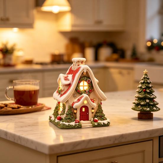 Decorazioni da Tavola Natalizie per la Casa, Casa di Neve Bruciatore di Incenso, Supporto Backflow, Statuette Decorative Soggiorno Festivo Xmas Desktop