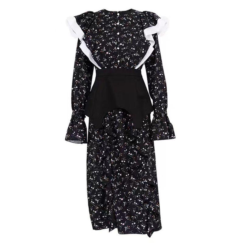 

Fashion Long Sleeves Removable Waist Seal Casual Floral Dress Printed Lantern Sleeve Dress Black + Waist Seal S