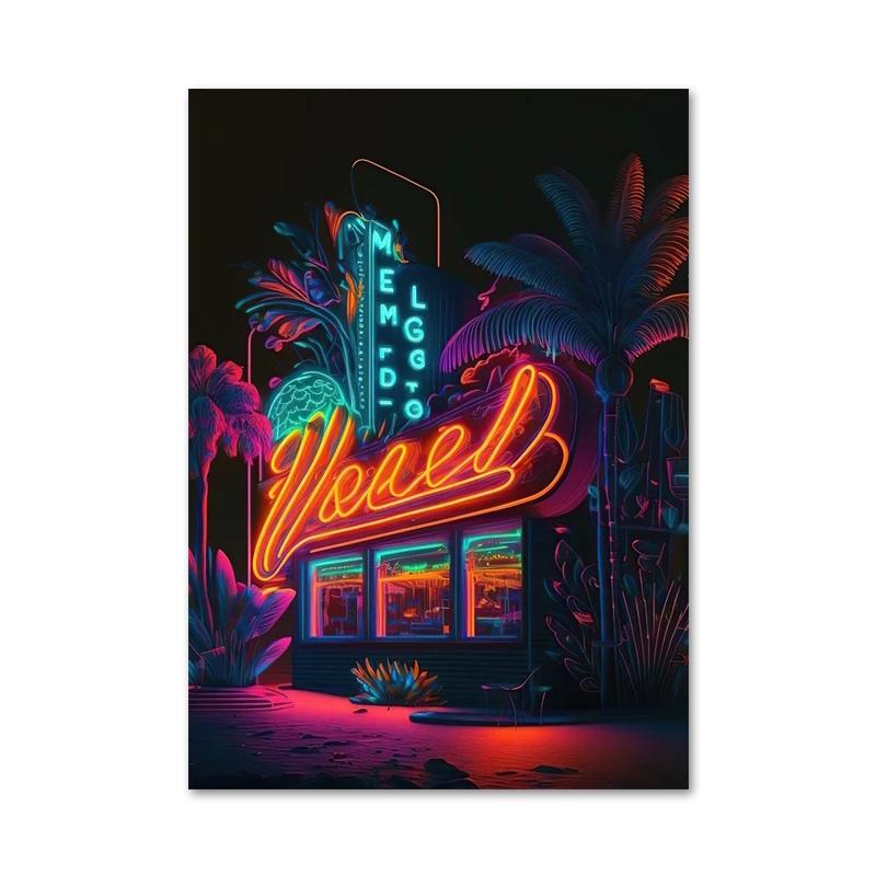 Colored Neon Lights Food and Beverage Posters Prints Hamburger Pizza Fruit Canvas Paintings Wall Art for Kitchen Home Decor