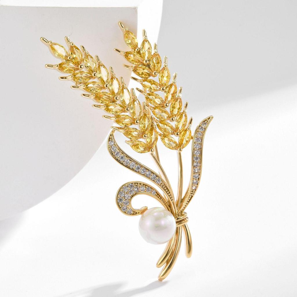 Broche d'oreille de blé et de riz de luxe - Corsage exquis et haut de gamme pour manteaux et costumes.