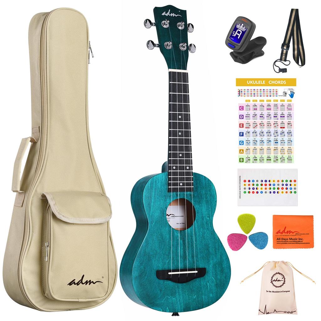 ADM Soprano Ukulele Beginner Ukulele Set Includes Gig Fretboard Storage Bag 21 Kit, - Bag, Tuner, Strap, Stickers, Picks, (Matte Blue, Inch)