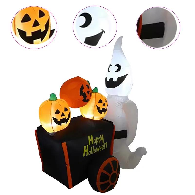 6FT Halloween Outdoor Inflatable Toys Ghost Push Pumpkin Cart with LED Lights Decoration Outdoor Holiday Party Inflatable Model