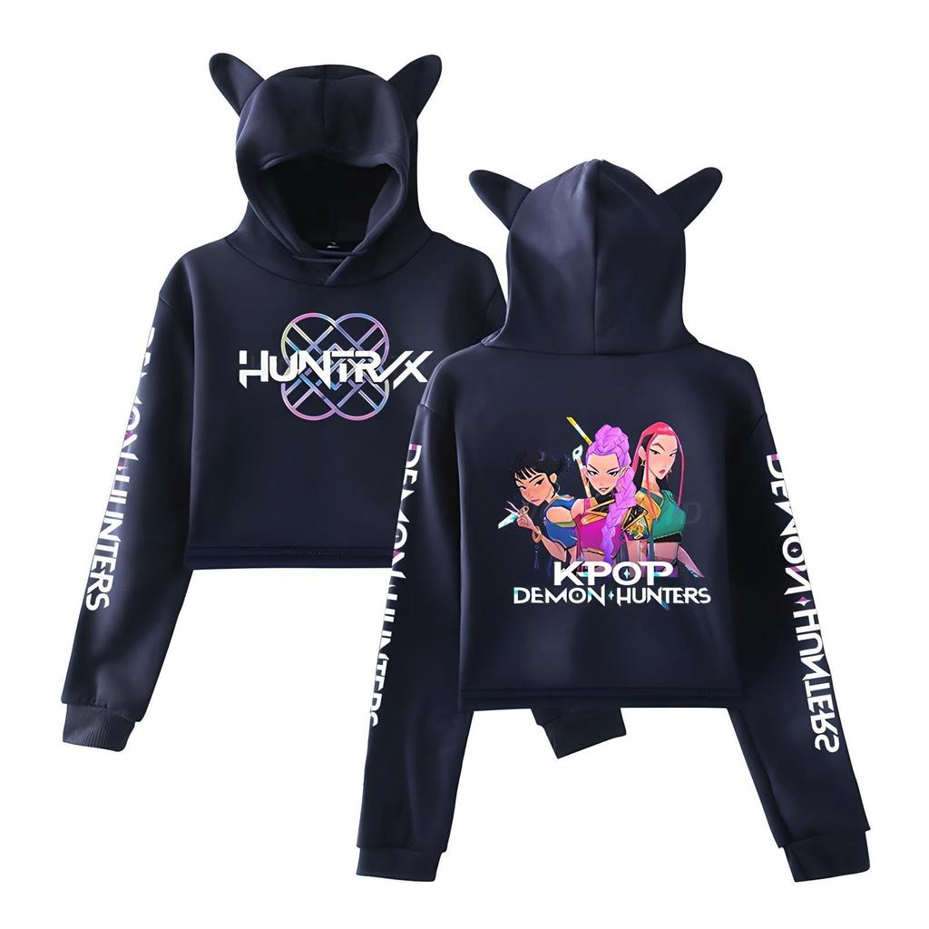 Anime K-Pop Demon Hunters Crop Cat Ears Long Sleeve Sweatshirt Saja Boys Cosplay Costume Fashion Hoodie for Women Girl