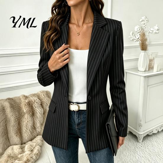 Lady Work Jacket Women Striped Blazer with One Button, Breathable Business Casual Outerwear Jacket, Long Sleeves Notch Lapel Collar Coat for Fall