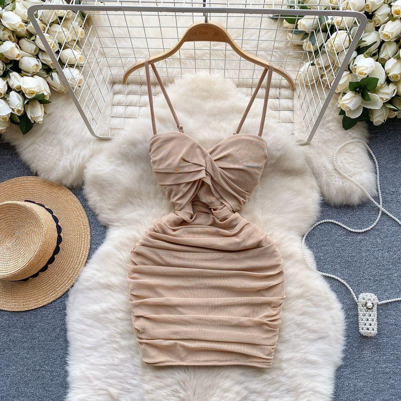 

Ruched Stretch Dress Silm Short Straps Tulle Khaki L