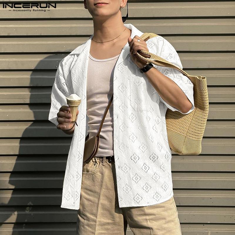 INCERUN Summer Men Short Sleeves Front Lace Patchwork See Through Loose Shirts