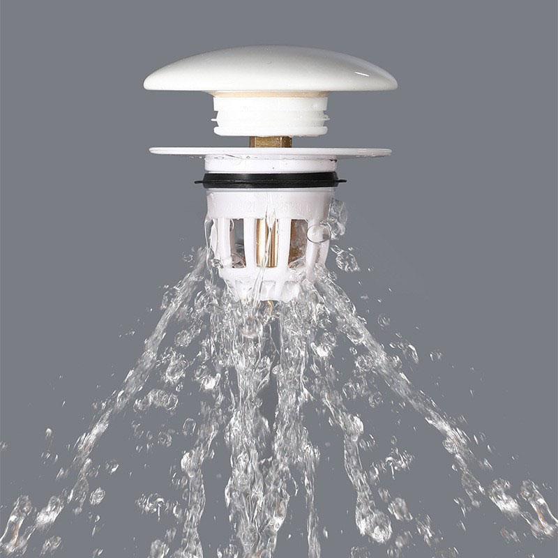 White Ceramic Sink Drain Stopper Push-Type With Anti-Rust Copper Core Hair Filter Leakproof Bathroom Basin Plug