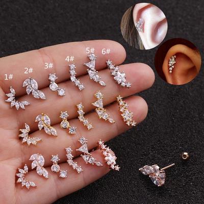 1Pcs Gold Silver Rose Gold Color Leaf Zircon Cartilage Stud Helix Piercing Tragus Stud Conch Earring