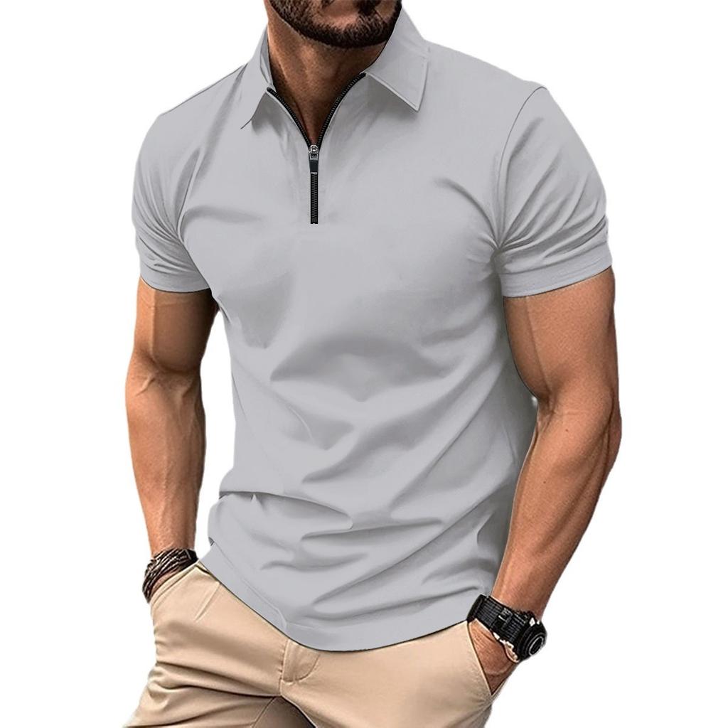 Men's Solid Color Zipper Casual Sports Short Sleeved Polo Shirt