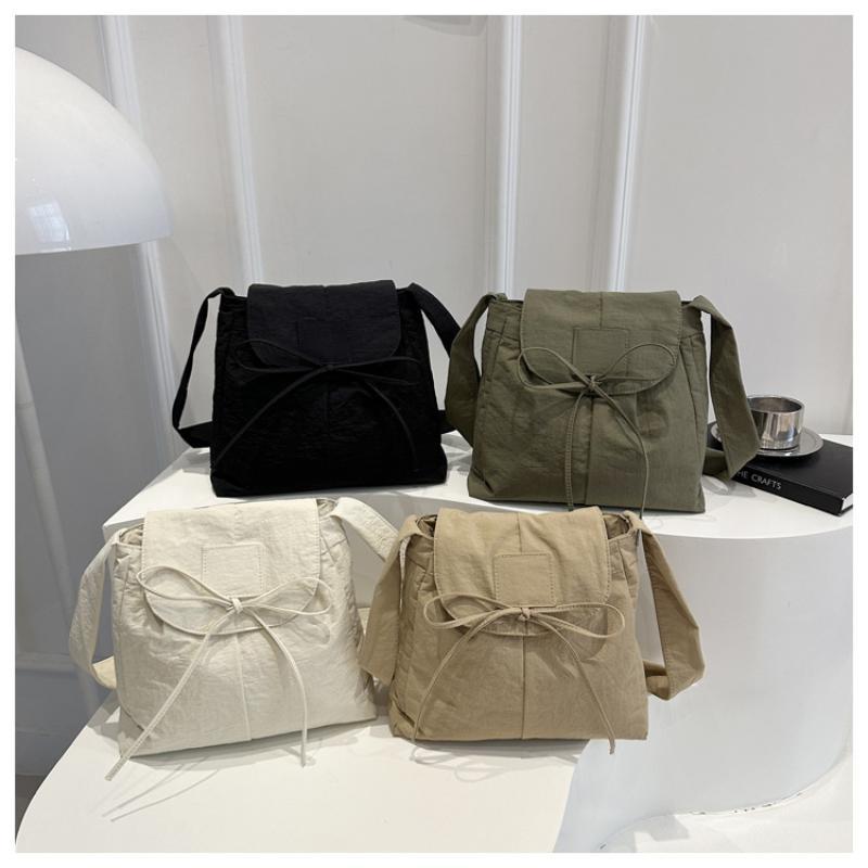 Korean Bow Nylon Flap Crossbody Bag Large Capacity Lightweight Soft Breathable Zipper Shoulder Bag for Young Women