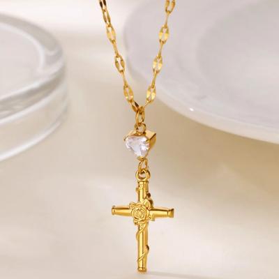 Fashion Zircon Cross Flower Necklaces For Women Stainless Steel Cross Pendant Necklace Religious Wedding Christmas Jewelry Gift