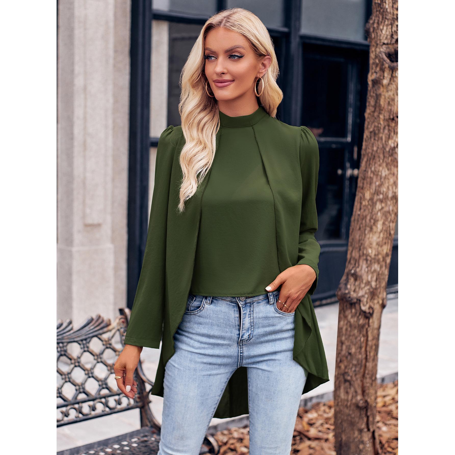 Повседневная женская модная однотонная рубашка с высоким воротником и длинными рукавами — фото 3