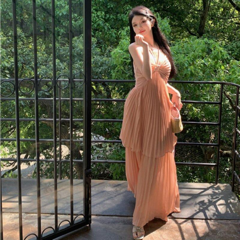 

Casual Holiday Grid Sweet Spice Girl Pleated Design Fake Two-piece Suspender Dress Medium and Long Pleated Skirt Women s Clothing XL помаранчевий
