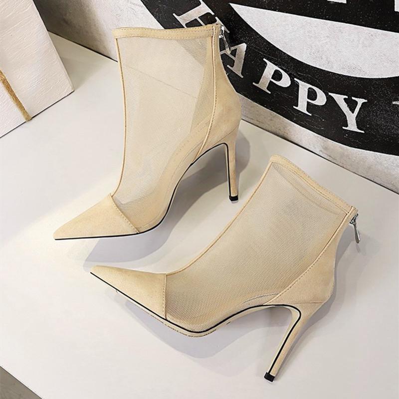 Fashion Mesh Hollow Ankle Boots for Women Pointed Toe Zipper Thin Heel Designer Modern Boots Fashion Sexy Super High Heel Women Shoes