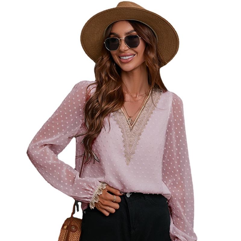 

Женская осенняя однотонная блузка с вышивкой, повседневная кружевная рубашка с длинным рукавом XL розовый