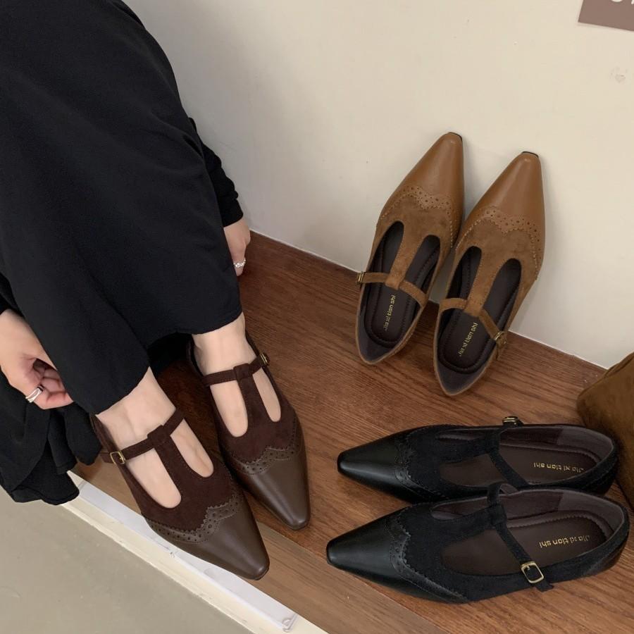 2025 autumn new French retro pointed head shallow mouth single shoes women's versatile low-heeled T-buckle with Mary Jane shoes