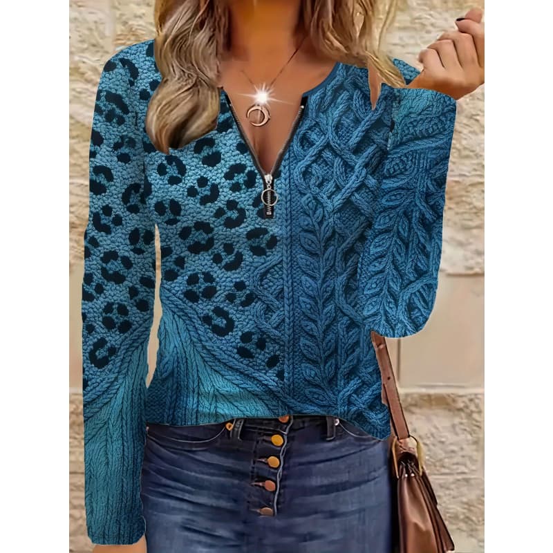 Women's creative printed zipper long-sleeved T-shirt, breathable, soft and comfortable, suitable for all-year-round casual wear
