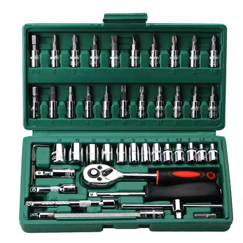 

Набор инструментов для авторемонта из 46 предметов, включающий торцевую головку, гаечный ключ с храповым механизмом и комбинацию бит