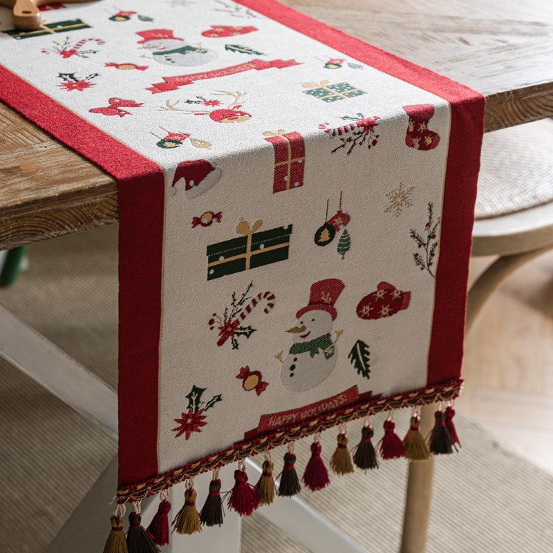 Christmas Table Runner Snowman Blue Decor Long Dining Table Cloth for Holiday Decoration