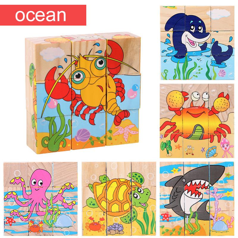 Quebra-cabeça de Madeira Seis Lados Pintados Tridimensional Trânsito Animal Quebra-cabeça Blocos de Construção Brinquedos Montessori de Educação Infantil TMZ