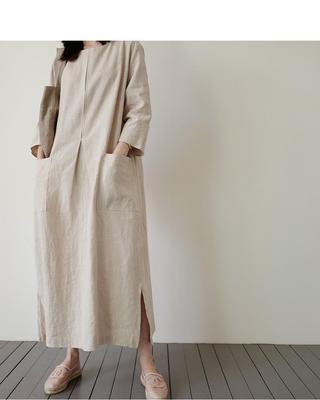 Dames Koreaanse Stijl Katoen Linnen Midi-Jurk met Zakken - Plus Size, Losvallende Pasvorm, Casual Mode