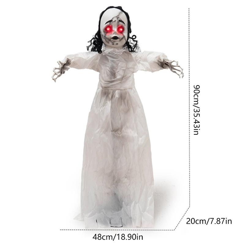 Sound Activated Halloween Figure with Walking Girl Character, White Dress Styling and Red Light Face Detail for Entryway Seasonal Display