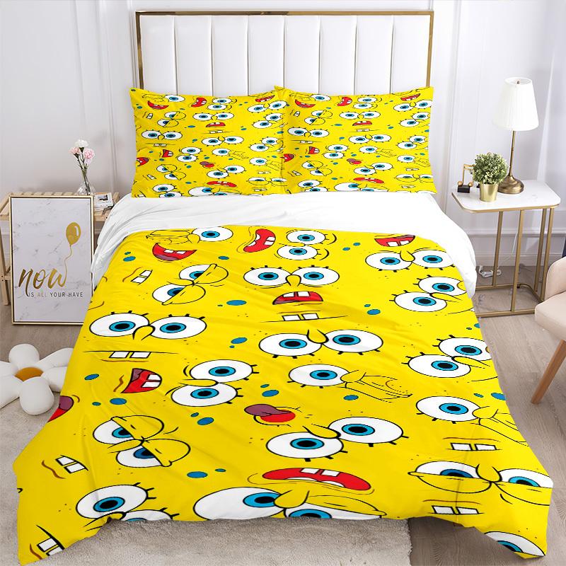 3pcs Bedding Set SpongeBob Expressions Includes 1 Comforter + 2 Pillowcases, Without Pillow Inserts, Soft Comfortable, Lightweight Breathabl