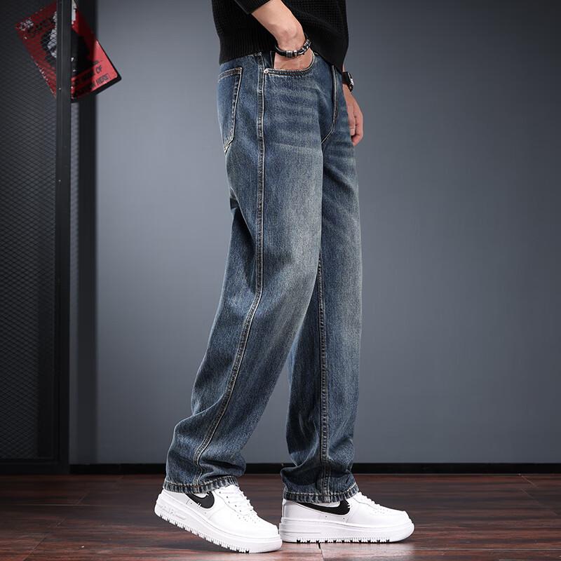 Jie Leinuo Men's Loose Straight-Leg Washed Jeans