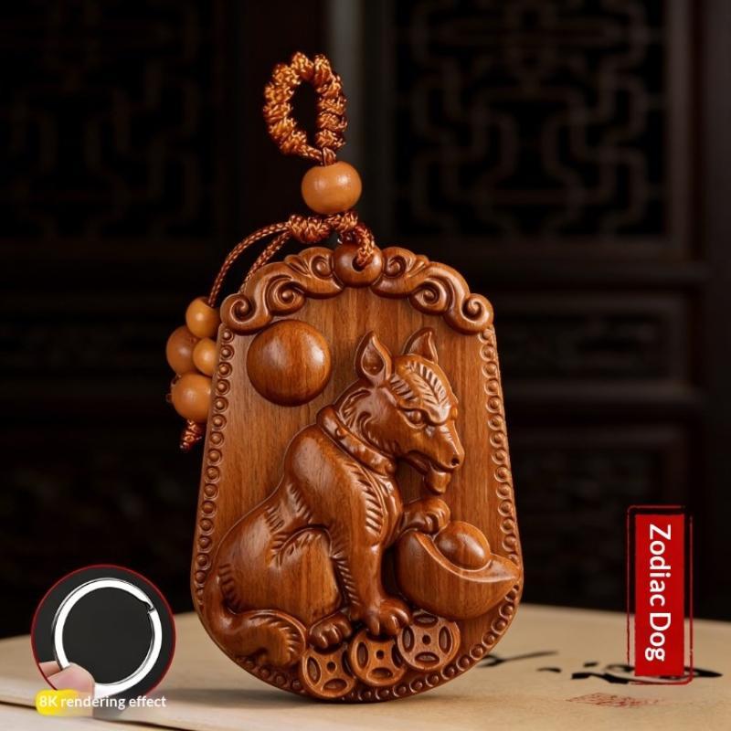 Natural Peach Wood Chinese Zodiac Keychain Hand Carved Lucky Blessing For Daily Use Gift For Friends Family