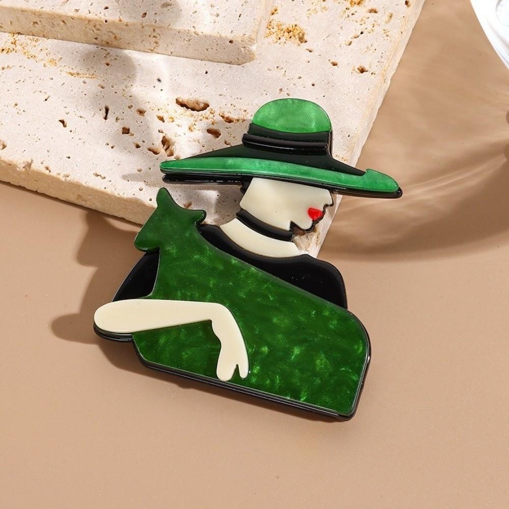 Acrylic Lady with Hat Brooch Cartoon Coat Badge Cute Women Portrait Pin  Clothing Accessories