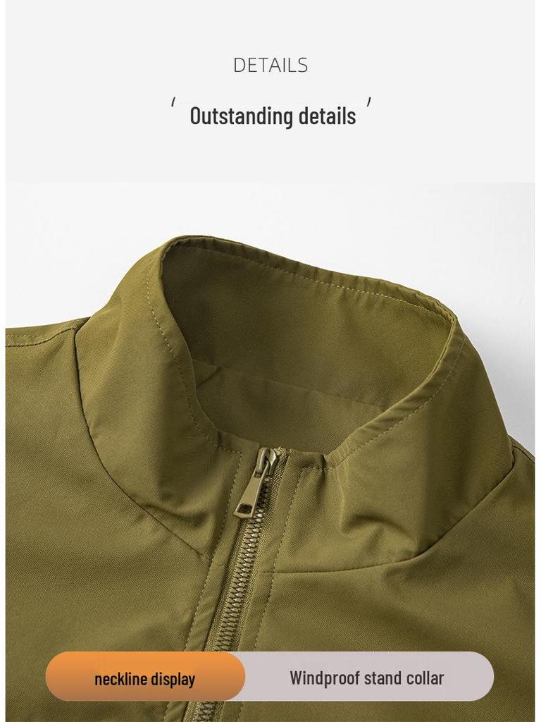 Men's Windproof Stand Collar Workwear Jacket - American Style, Three-Proof, Short, Loose Fit, for Spring & Autumn.