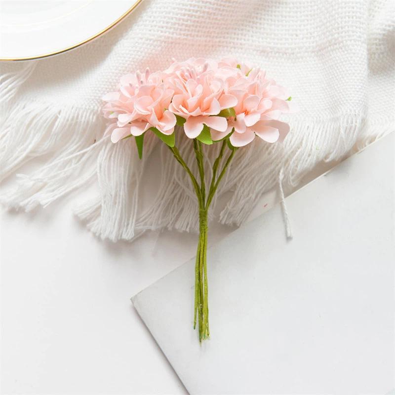 Mini Artificial Carnation Bouquet 6 Heads Handmade Silk Hydrangea Bouquet Realistic Diy Fake Plants Year'S Decor