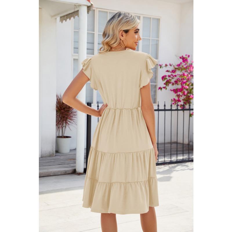 Women's Fashion Summer Spring Solid Color Print Short Sleeve V-Neck Loose Waistline Casual Dresses